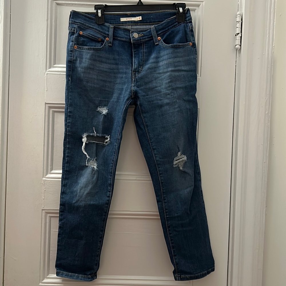 Levi Strauss & Co. “Boyfriend” Mid-Rise Distressed Blue Denim Jeans